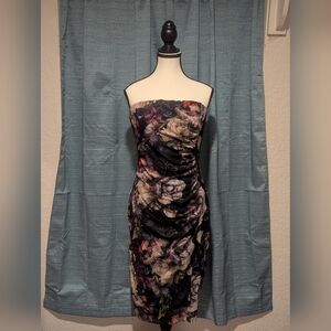 Elegant Strapless Floral Dress in Black and Purple